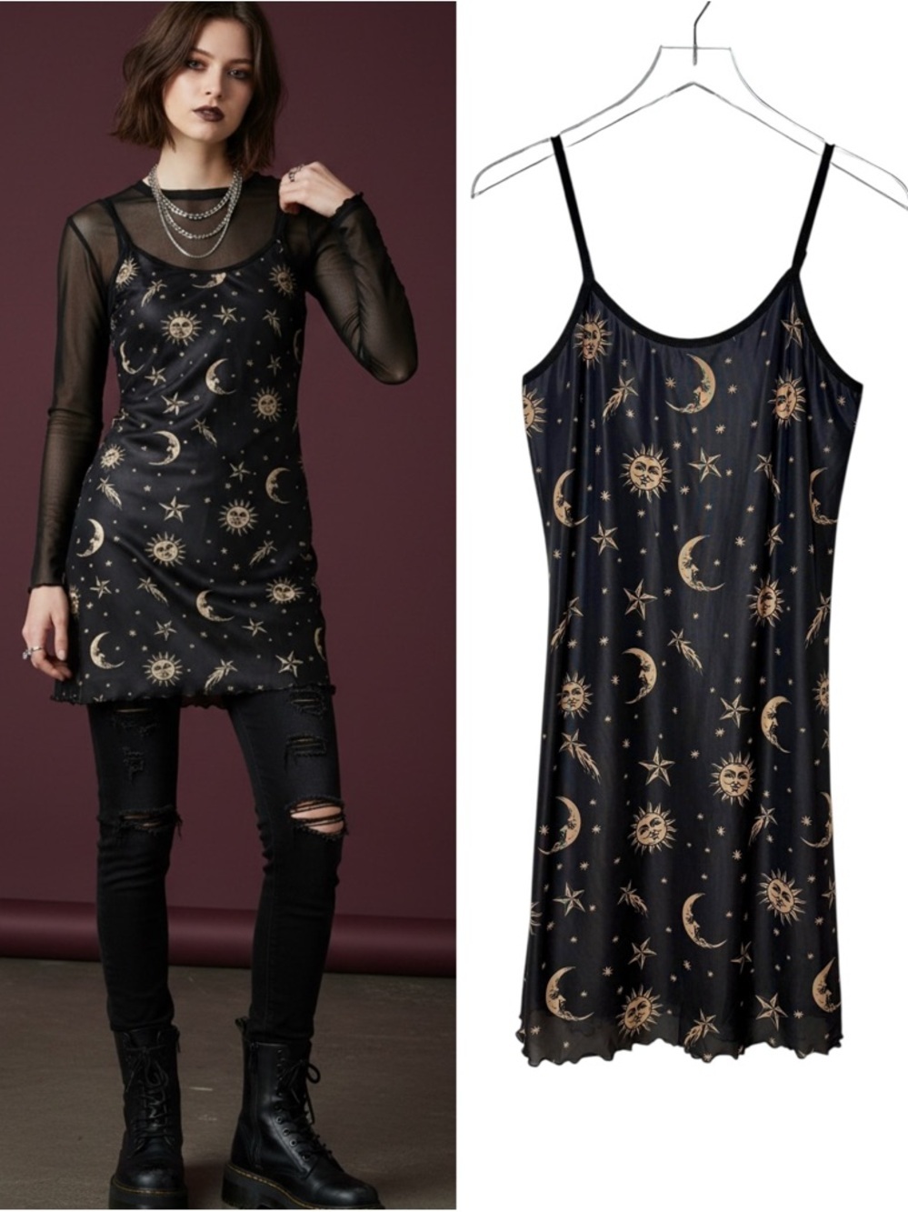 Horoscopez x Dolls Kill Black And Gold Celestial Moon & Sun Slip Dress Sz 2X
